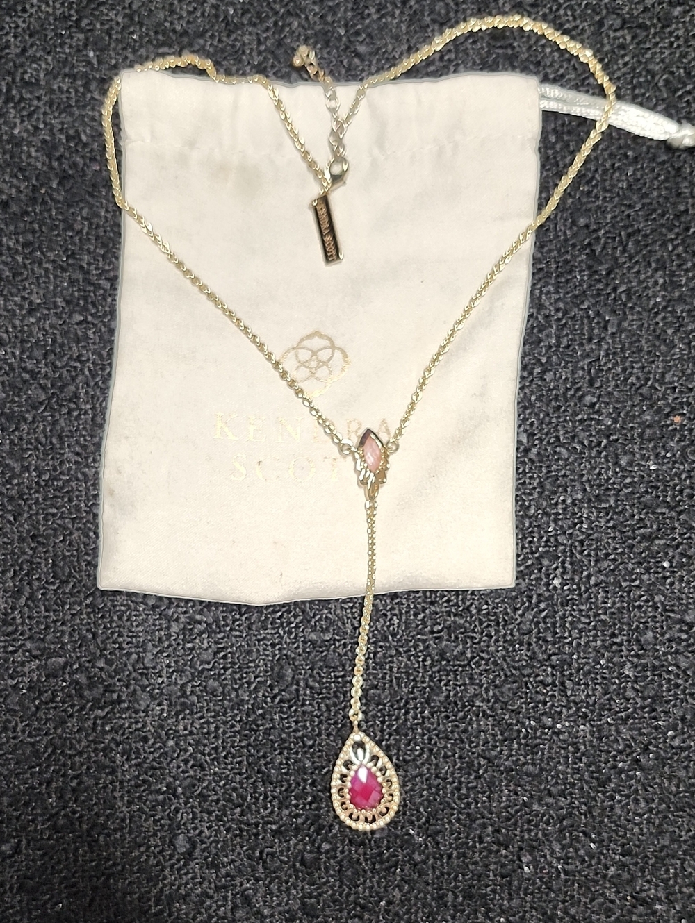 Kendra Scott Gold Lariat Necklace with Pink Teardrop Charm